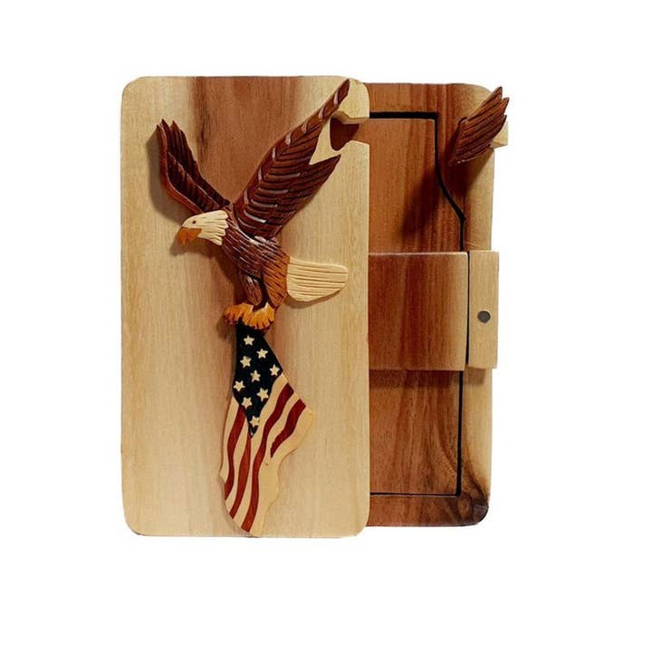 Positive Urns - Wholesale Decorative Box - Eagle and Flag - Hand-Crafted Memorial Keepsake Puzzle Box