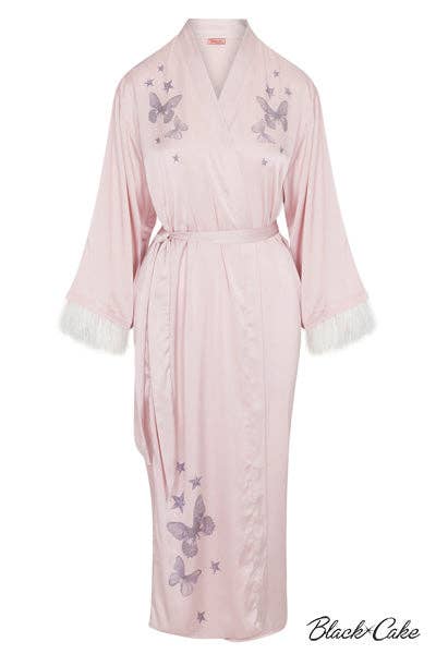 Black Cake Clothing - Wholesale Robe - Women's - Luxurious Country Western Glam Dolly Satin Feather Accented Dressing Gown Robe1