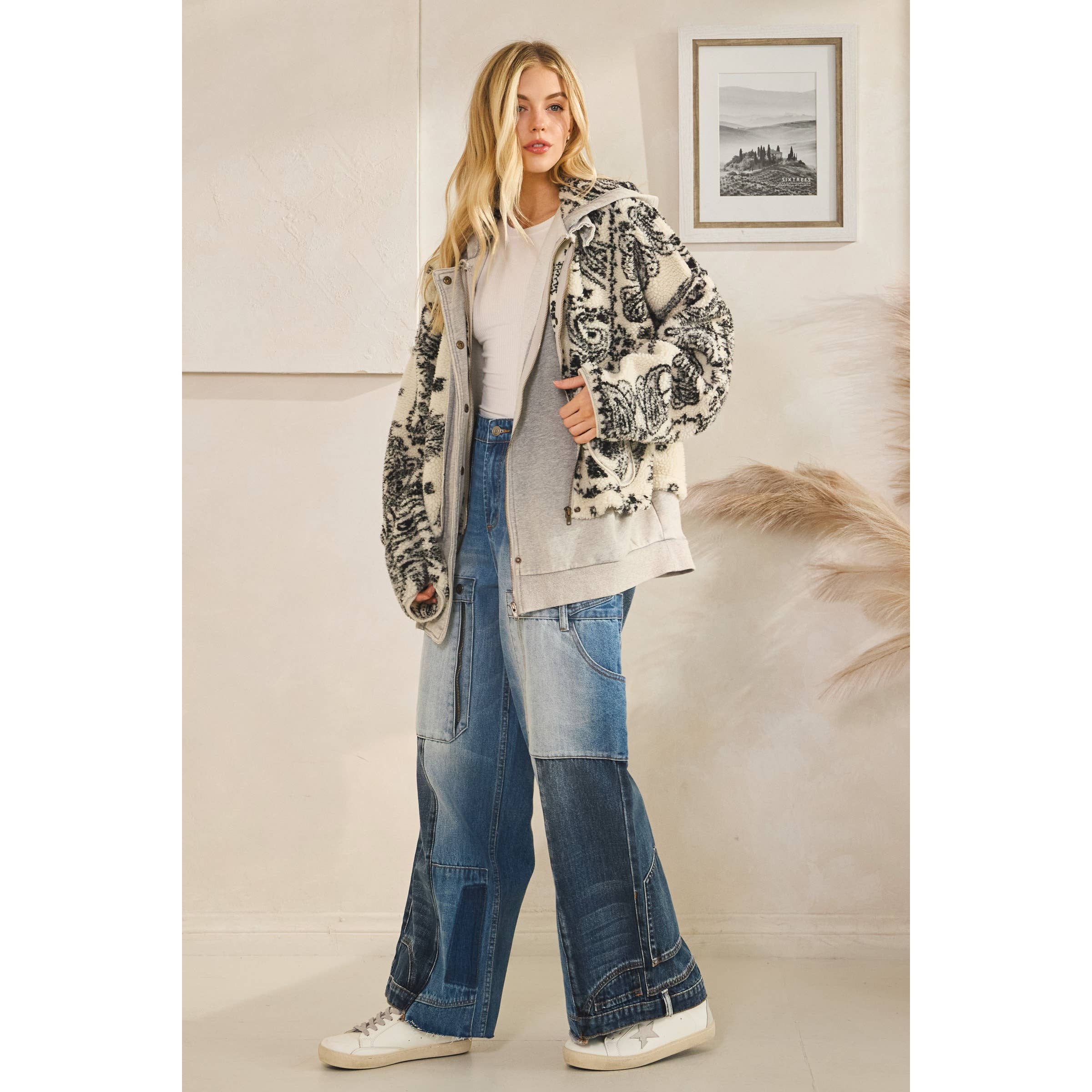 GREY CREAM TERRY FLEECE MIX ZIP FRONT JACKET for wholesale on Faire8