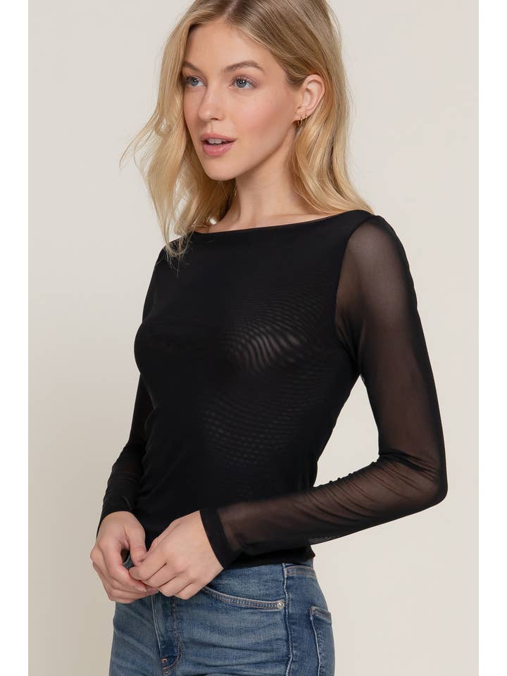 Active Basic | Active USA - Wholesale Knit Top - Women's - Long Sleeve Boat Neck Double Layer Mesh Top6