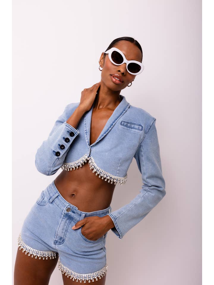 Blau Bae Stretch-Jeansshorts mit Strassverzierung für den Großhandel auf Faire1