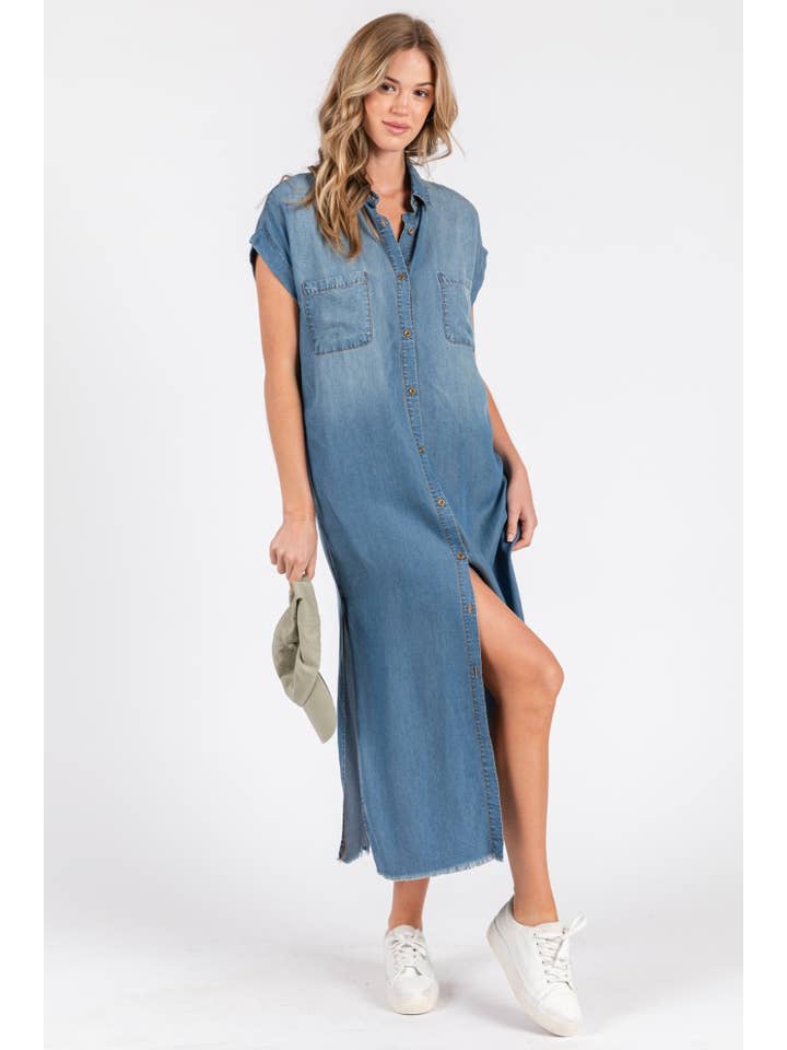 ZiA Apparel - Wholesale Dress - Women's - Short Sleeve Maxi Denim Dress- Denim