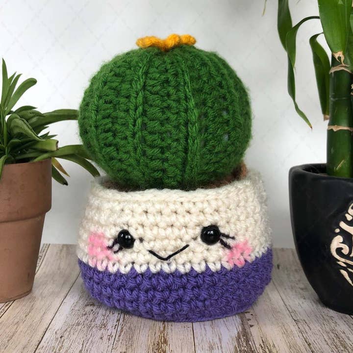 Crochet Barrel Cactus in Purple Pot, Plant Lover Decor Gift for wholesale by TOMOPOD LLC