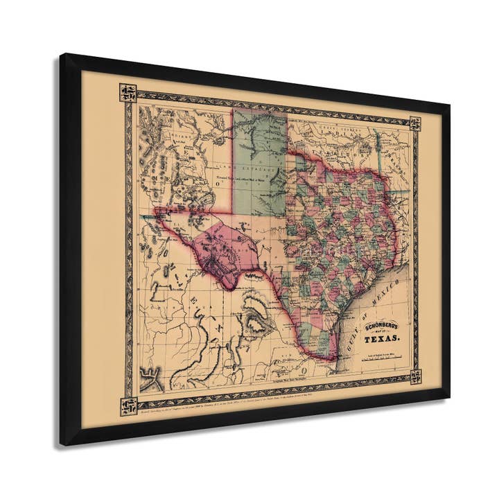 1866 Texas Map - Framed Vintage State of Texas Map - Old Texas Map Print - Framed Map of Texas - Schonberg's Poster Map of Texas Wall Art Poster for wholesale by Historic Prints