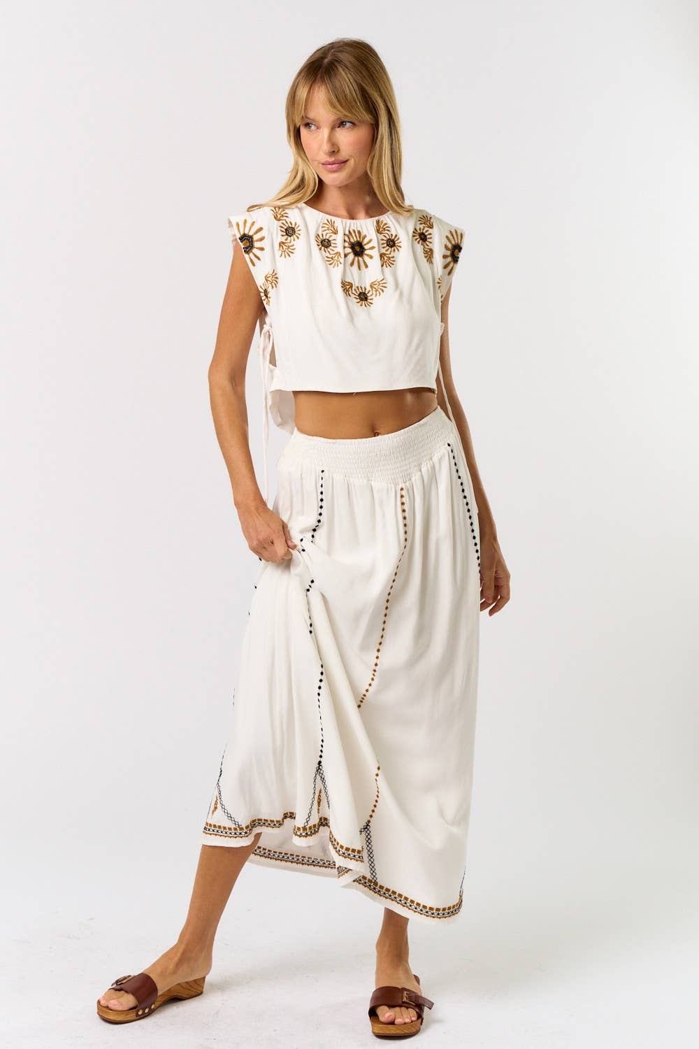 OFF WHITE Boho Embroidered Crop top W/ Matching Maxi Skirt for wholesale on Faire