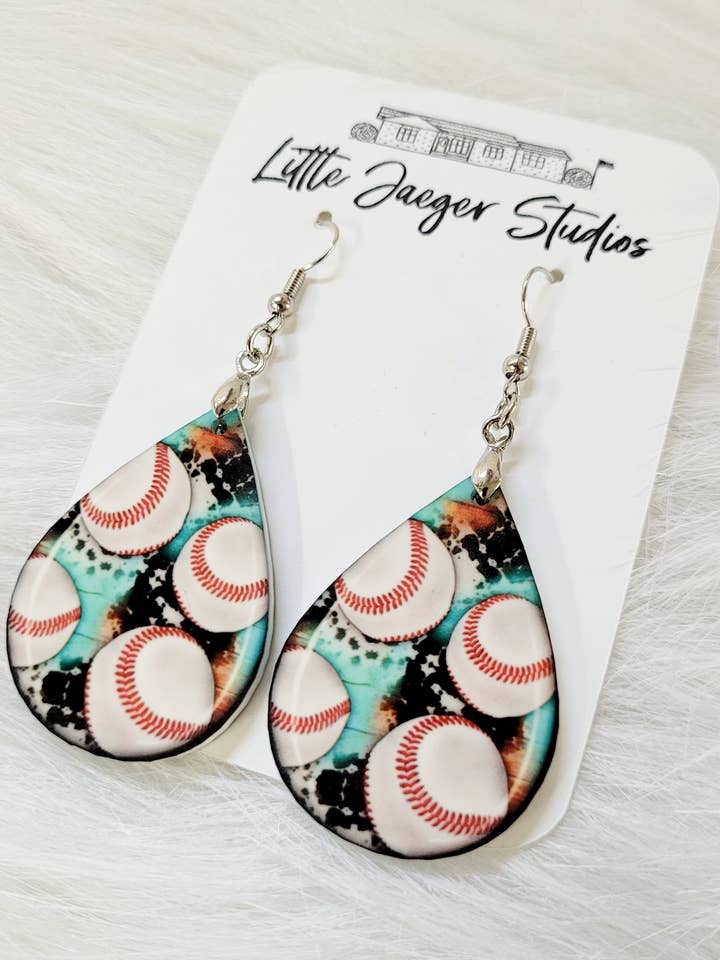 Baseball Handmade Teardrop Acrylic Earring for wholesale by Little Jaeger Studios