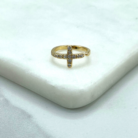 Luxus Accessories - Wholesale Multi-Stone Ring - 18k Gold Filled Front Clear Cubic Zirconia Cross Shape Adjustable Ring, Fashion Religious, Wholesale Jewelry Making Supplies1