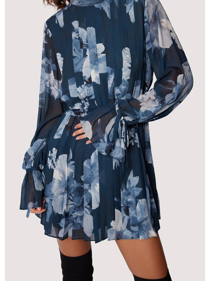 Josephine Mini Dress - Fall Blue/Grey Floral Pleat Long Slv for wholesale on Faire