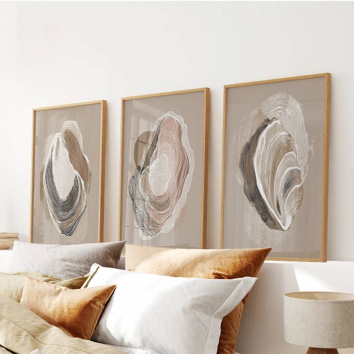 Croquis de coquille d'huître vintage. Art mural côtier minimaliste pour la vente par Art Lane