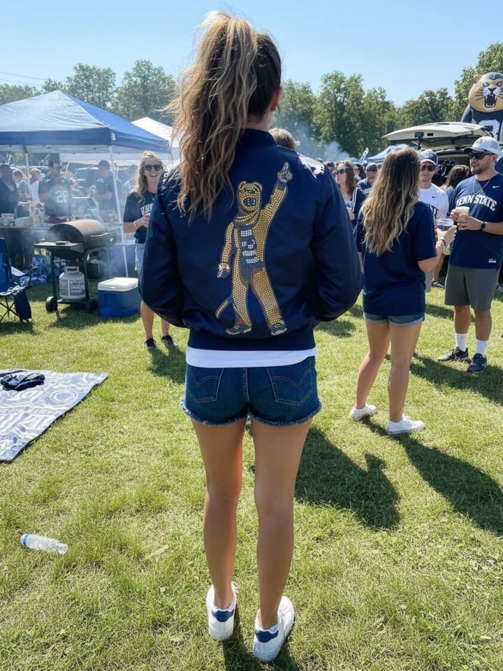 Penn State Full Body Maskot Marineblå Bomberjakke for engroshandel hos Moving Forward Designs