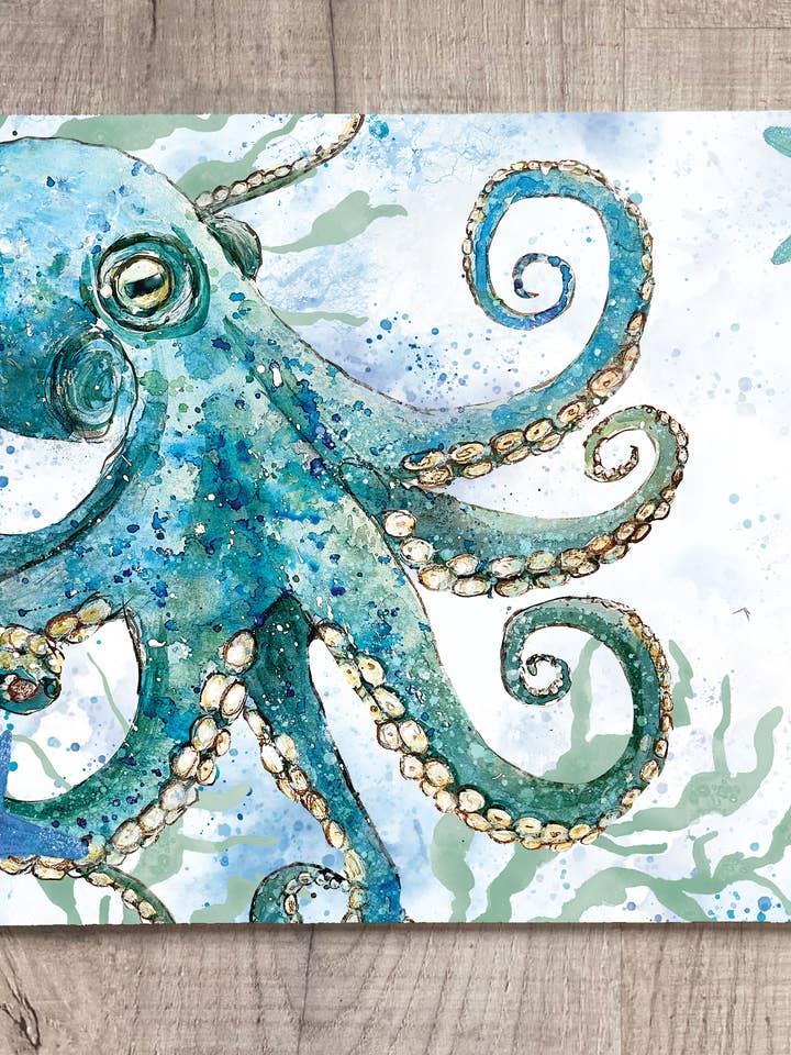 Glass Workstop Saver with Beautiful Blue Octopus Design for wholesale by Dollyhotdogs