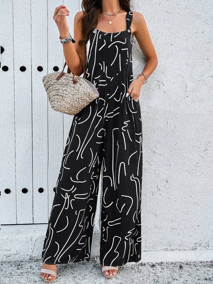 Rosa Clothing - Wholesale Jumpsuit - Women's - Suspenders With Long Button-Up Print Jumpsuit