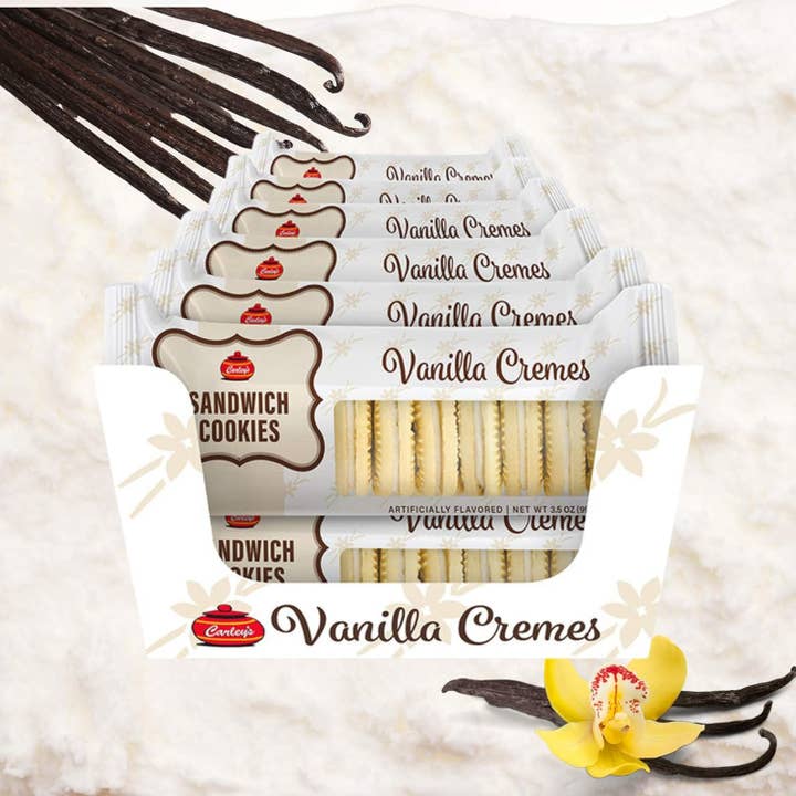 Carleys Vanilla Creme Sandwich Cookies 3.5 oz 12 ct Tray for wholesale by Long Island Candy Factory