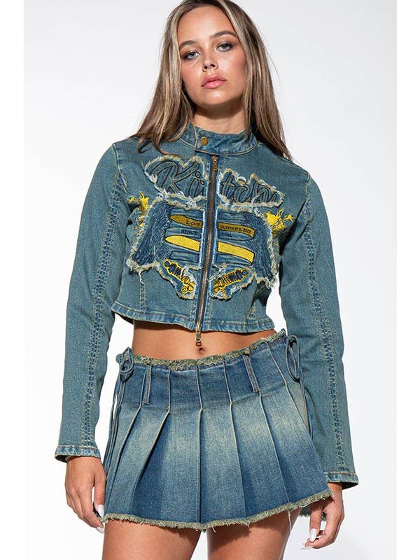 Medium tvätt Vintage jeansjacka med dragkedja med mockhals för wholesale på Faire
