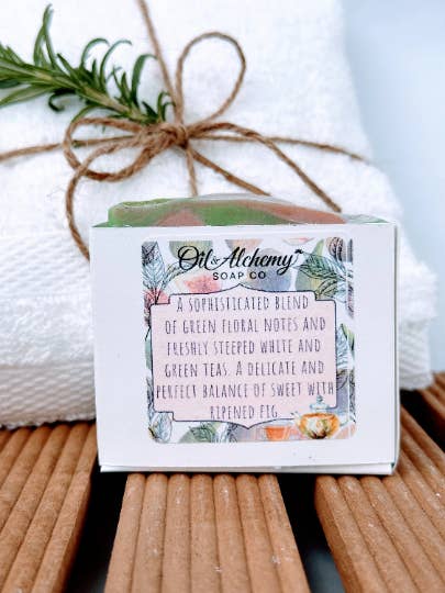 White Tea + Fig Artisan Cold Process Soap/ Palm Oil-Free/ Vegan/ Plastic-Free Packaging/ Gift for wholesale by Oil & Alchemy Soap Co.