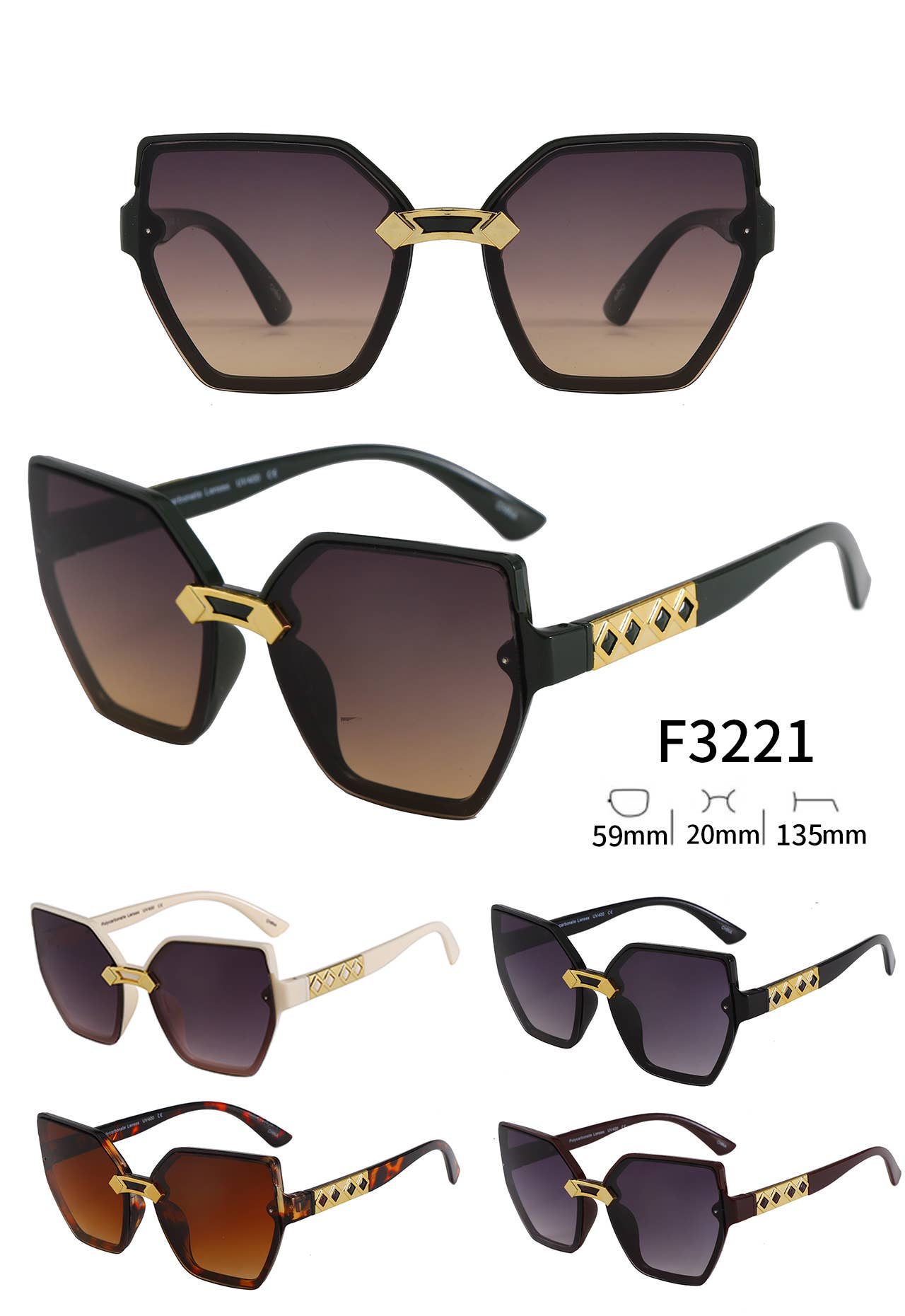 Prime Opticals – wholesale Sunglasses – Women's – F3221, Oversized Cateye Frame With Gold Decor Arm Sunglasses0