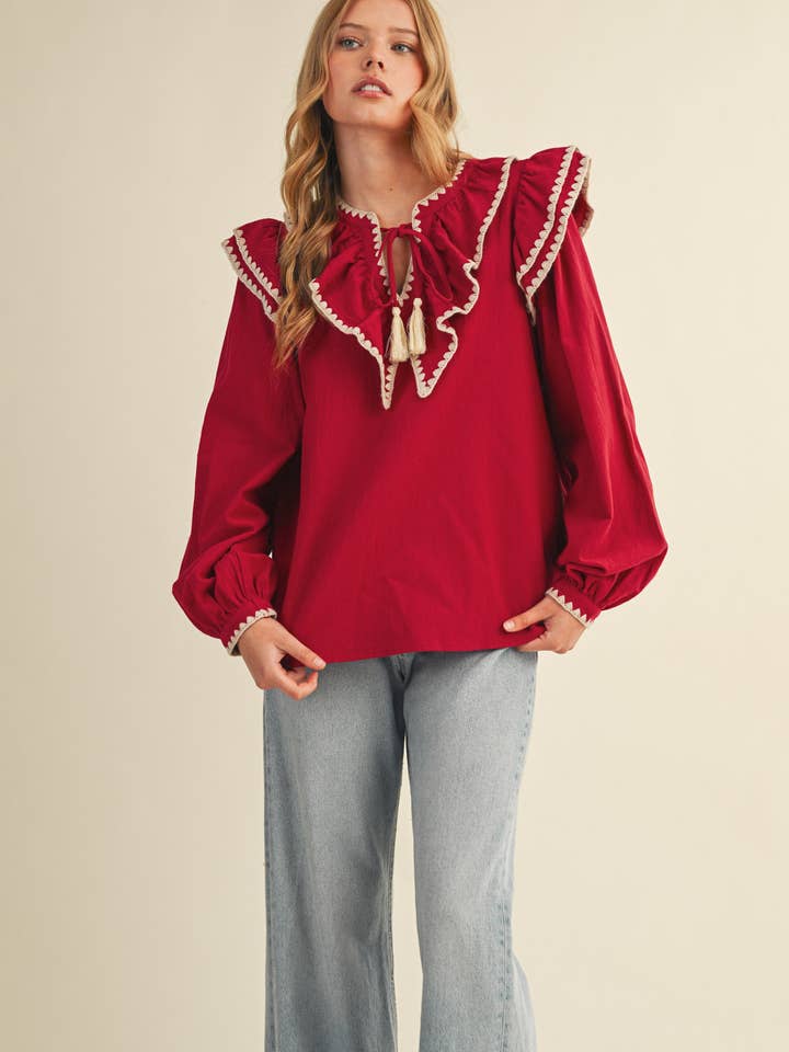 &MERCI - Wholesale Knit Top - Women's - RUFFLED BALLOON SLEEVE TOP WITH CONTRAST STITCH MTP402323