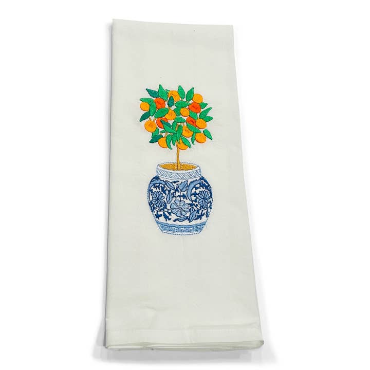 Towel - Orange Tree in Blue and White Planter Pot on white for wholesale by Vibrantly Blue