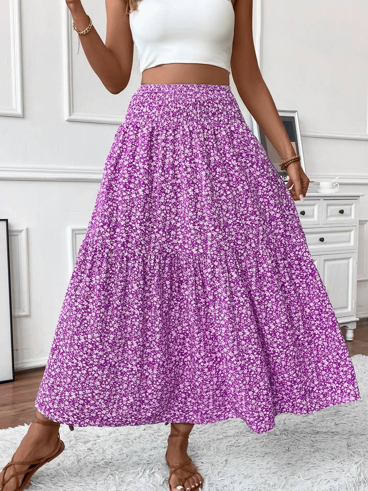 Rosa Clothing - Wholesale Skirt - Women's - Ditsy Floral Smocked Waist A-Line Skirt11