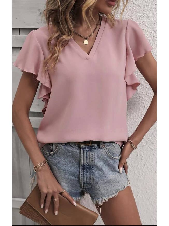Miss Sparkling - Wholesale Blouse - Women's - V-neck Ruffle Short Sleeve Top