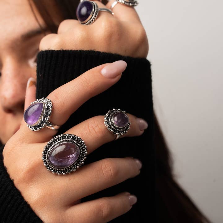 Handmade Jewels - Wholesale Cocktail/Statement Ring - Amethyst Rings for Women – Silver-Plated, Handmade, Deep Purple (US Sizes 6–10, Non-Adjustable)8