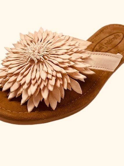 SUNBURST FLOWER LEATHER THONG SANDAL - NUDE for wholesale by Sheridan Mia