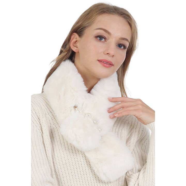 Cap Zone - Wholesale Scarf - Women's - Lux Faux Pearl Insert Fluffy Faux Fur Stole Scarf3