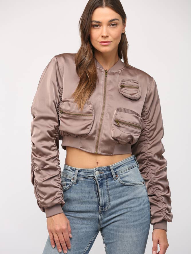 CROP BOMBER JACKET POCKET DETAIL LJ7059 for wholesale by FATE