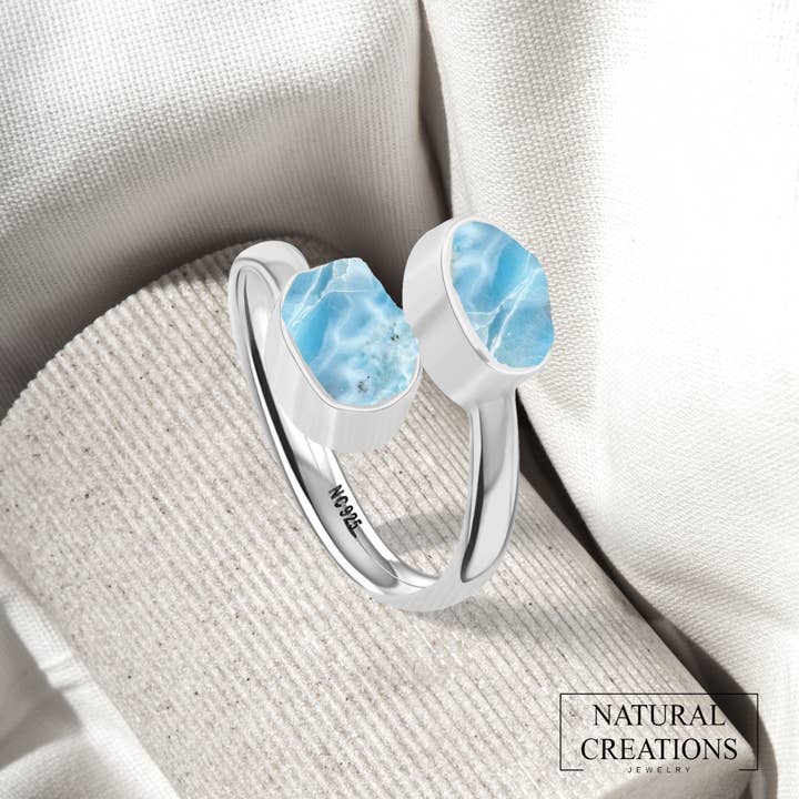 Nature Crafts – Engroshandel Solitairering – Naturlige ru Larimar 2-sten ringe til kvinder, 925 sølv