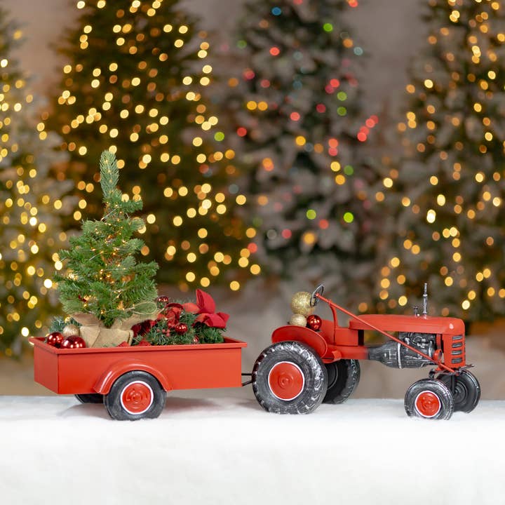 Zaer Ltd. International - Wholesale Christmas Decoration - 3.4 Foot Long Small Red Metal Tractor with Cart3
