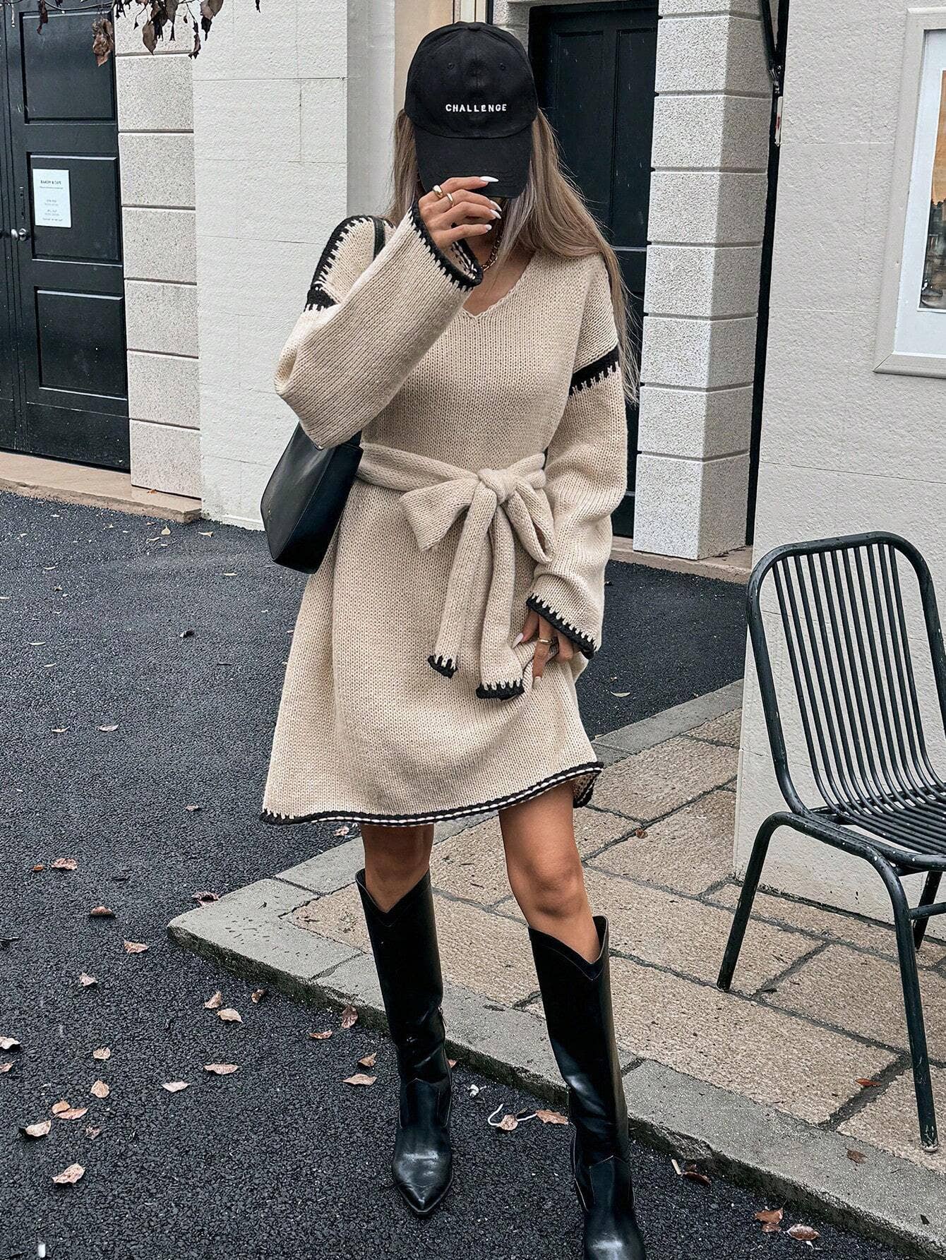 ElevateWell – wholesale Dress – Women's – Women's Contrast Trim V-Neck Long Sleeve Belted Dredd1