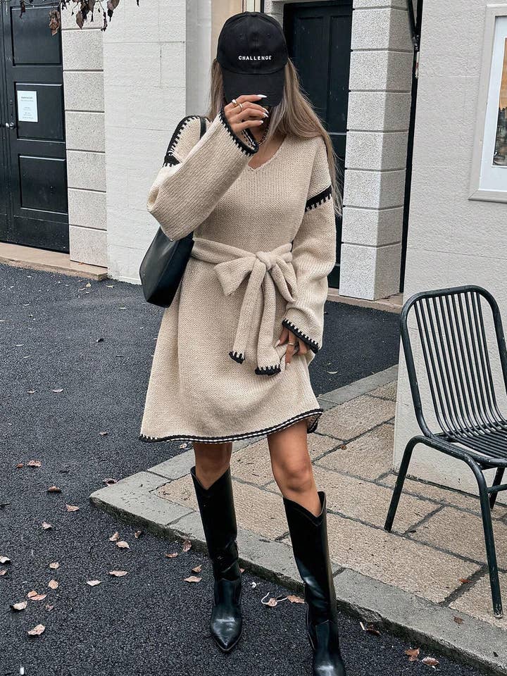 ElevateWell - Wholesale Dress - Women's - Women's Contrast Trim V-Neck Long Sleeve Belted Dredd1