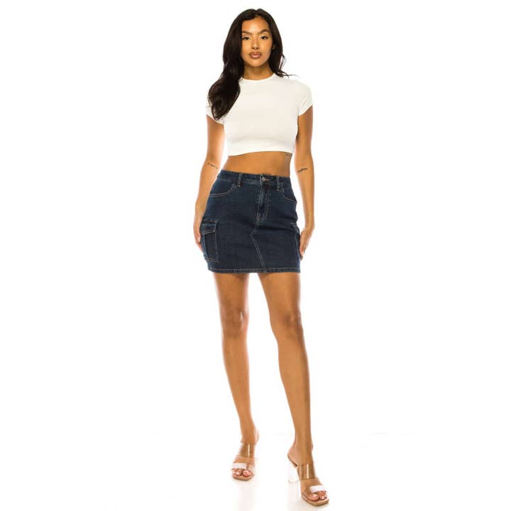 DARK WASHED DENIM JEANS MINI SKIRT WITH CARGO POCKET for wholesale by great smoky