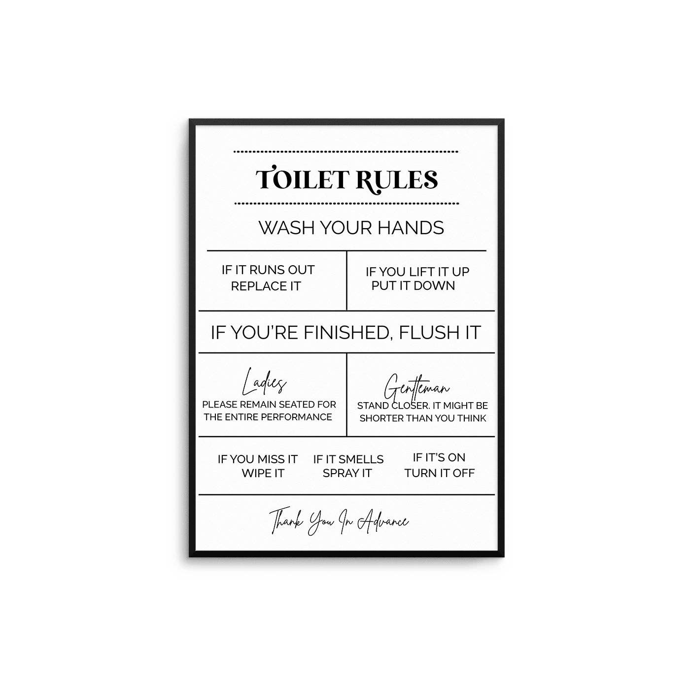 D'LUXE PRINTS - Wholesale Bathroom Sign - Toilet Rules Print