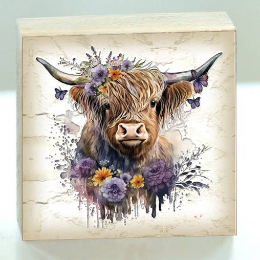 Bad Bunny Designs - Wholesale Sign - Highland Cow Purple Flowers Block Shelf Sitter