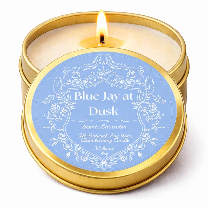 Blue Jay at Dusk Lavender Travel Tin Candle - 4oz for wholesale by Feather & Flame Inc