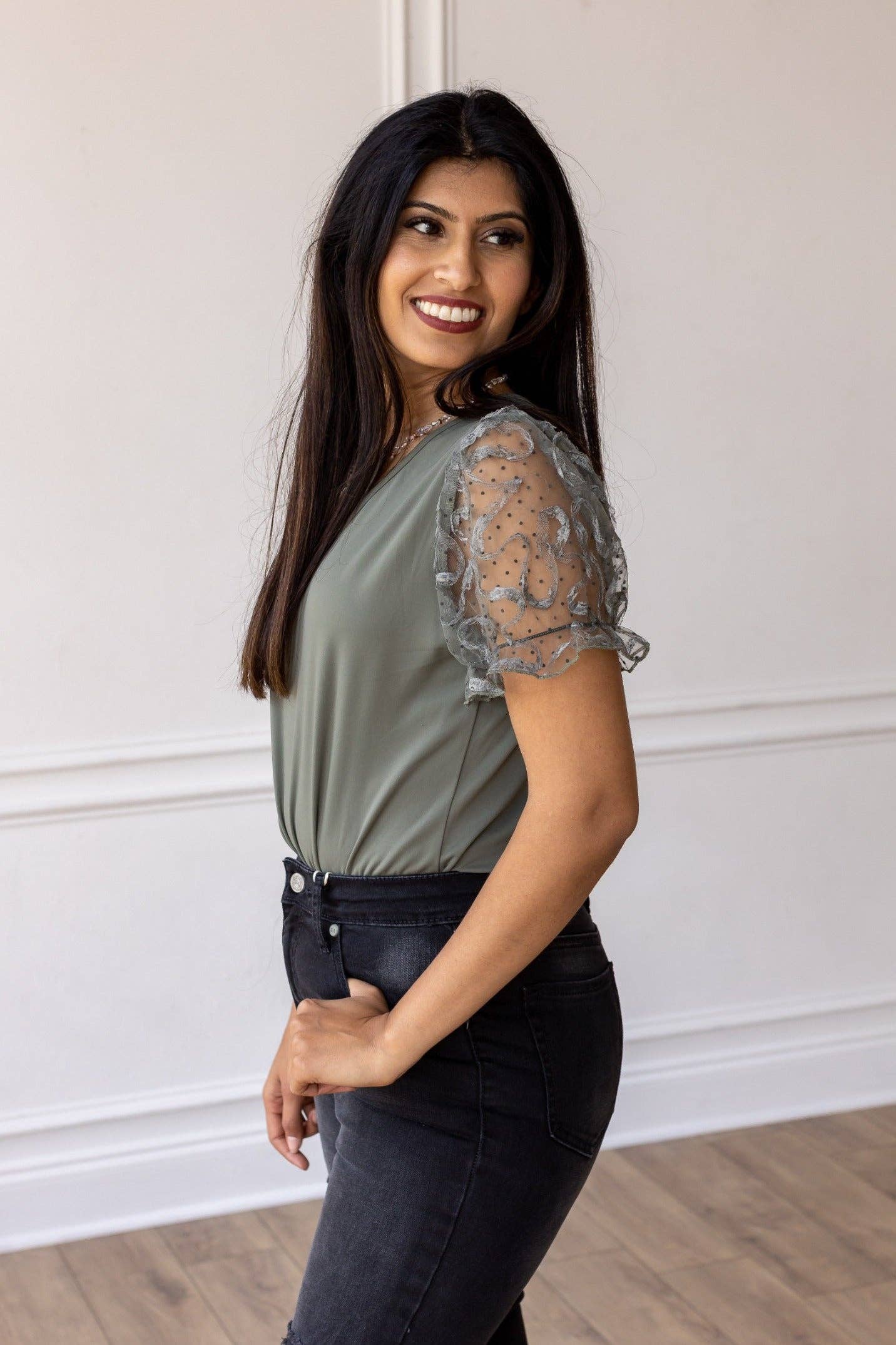 Nature's Palette Sleeve Bodysuit, Olive for wholesale on Faire1