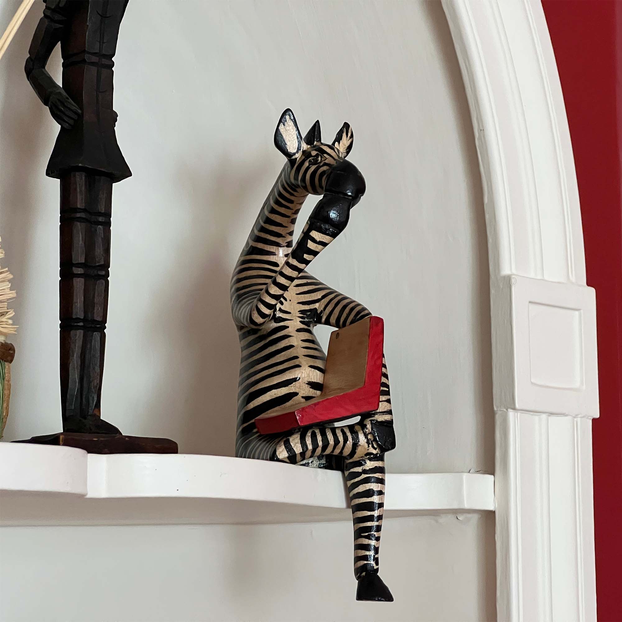 Global Crafts - Wholesale Sculpture - Thinking Zebra Carved Wood Sculpture Shelf Decor1