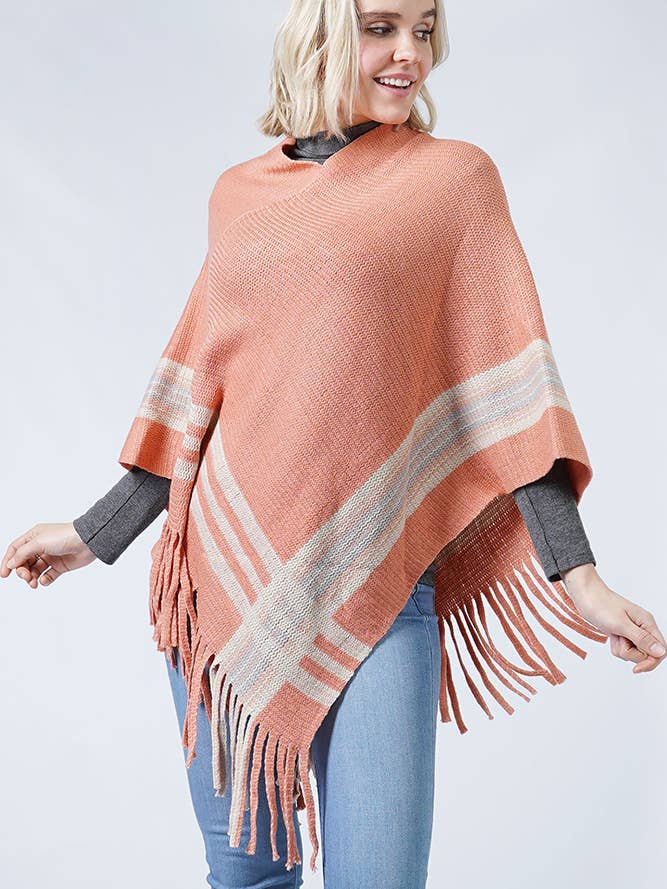 Stipe Pattern Knit Poncho with Tassel for wholesale by Hana