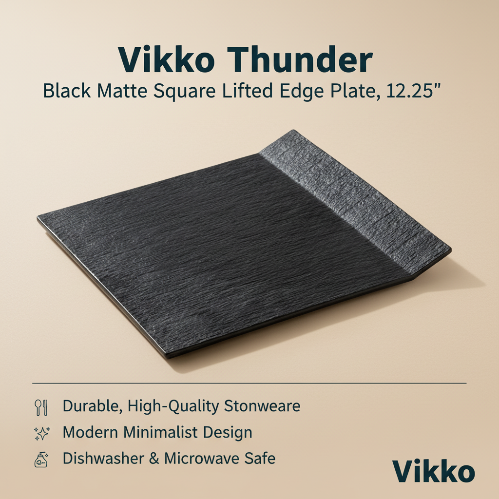 Kadra Kitchenware – wholesale Dinner plate – Vikko Thunder - Black Matte Square Lifted Edge Plate, 12.25"3