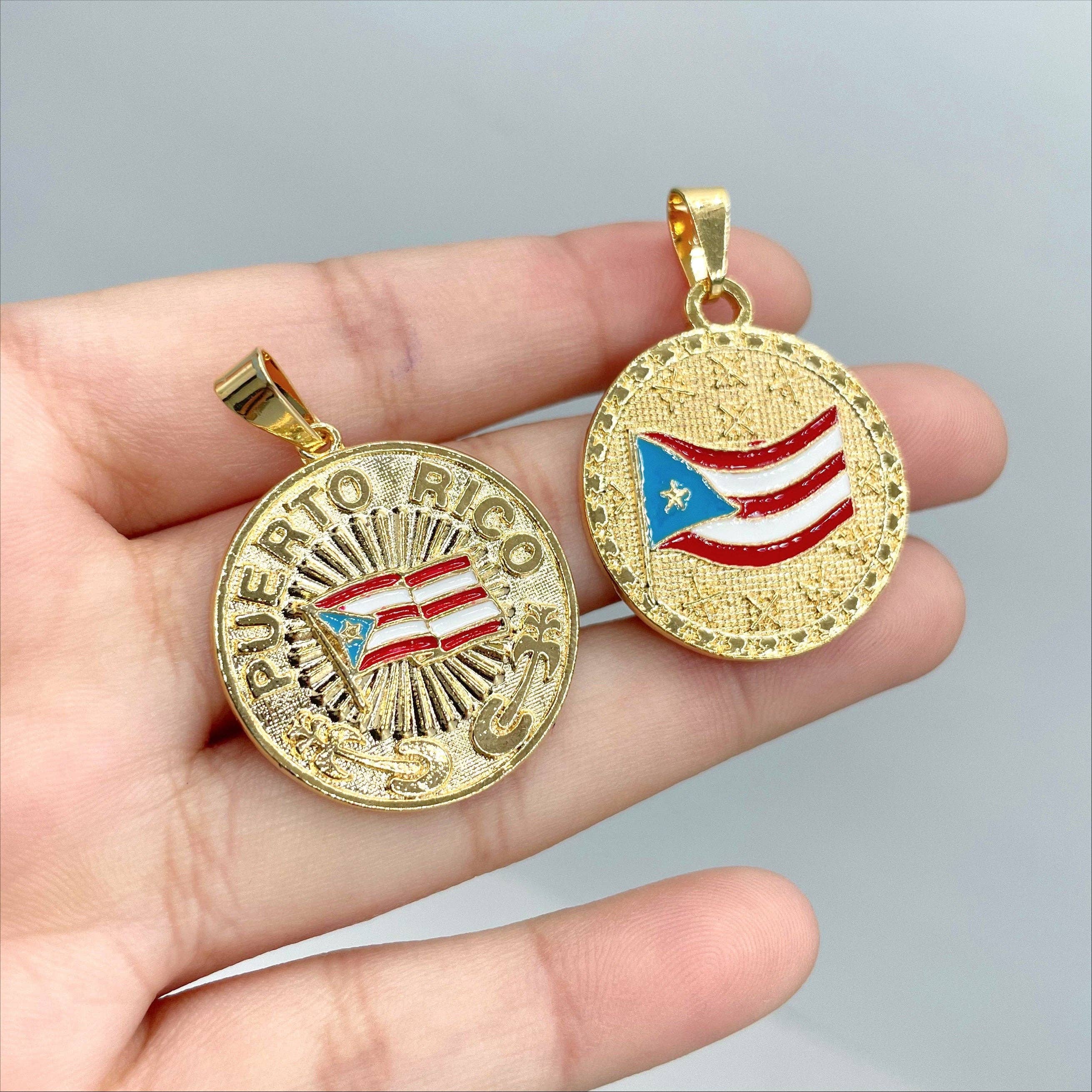 DIJU Jewelry - Wholesale Individual Charm/Pendant - 18k Gold Filled Texturized Puerto Rico Colored Medal Flag Pendant Charms, Flag with Name or Flag with Stars, Wholesale Jewelry Supplies1