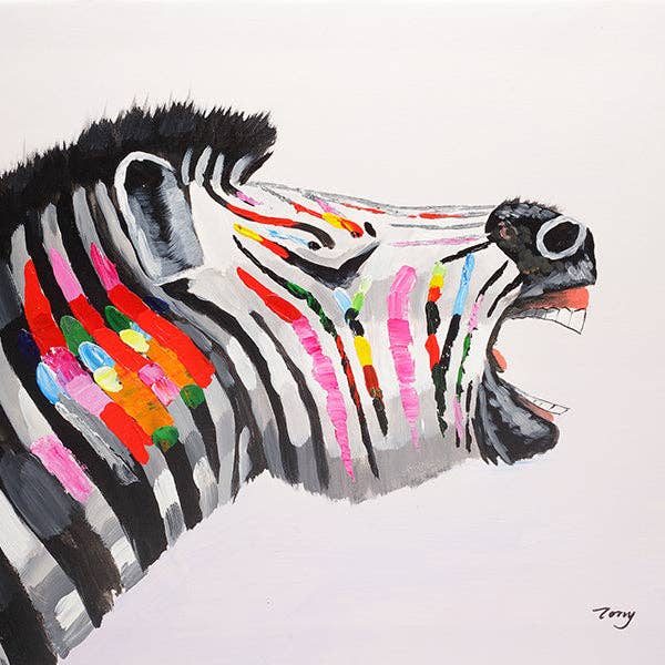 Färgstark Zebra | Handmålad olja på duk | 56x48cm Inramad för wholesale av Fun Animal Art