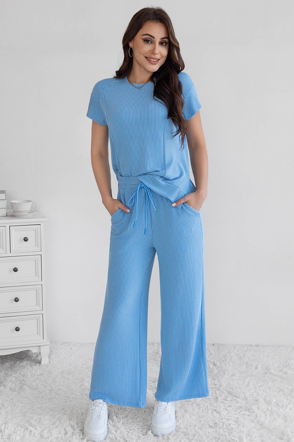 LA Society - Wholesale Lounge Set - Women's - Cable Knit Short Sleeve T Shirt and Wide Leg Pants Set3