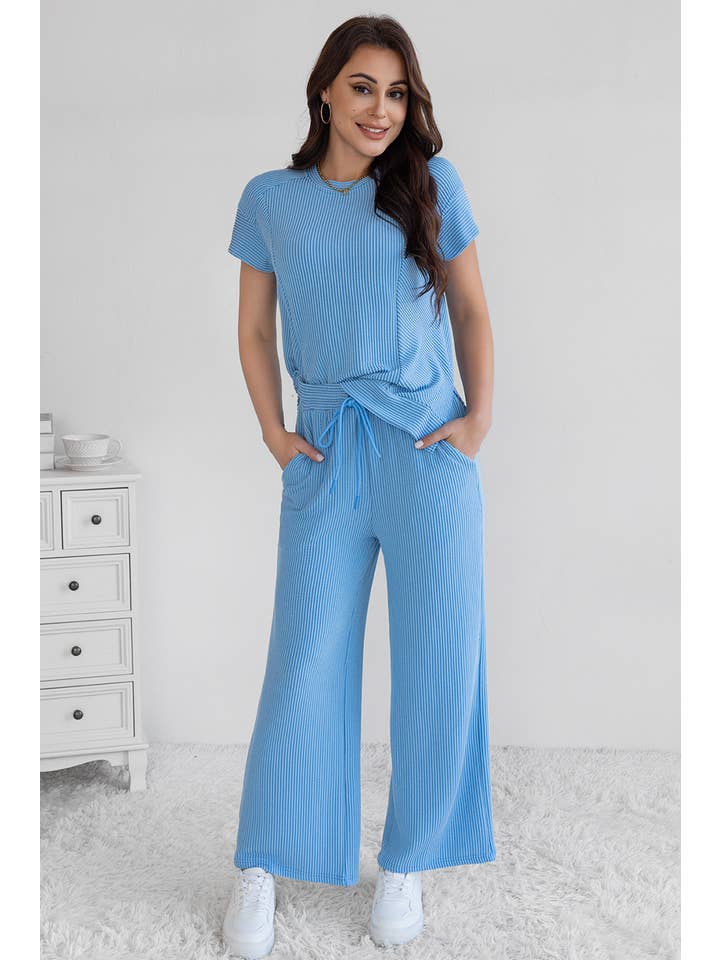 LA Society - Wholesale Lounge Set - Women's - Cable Knit Short Sleeve T Shirt and Wide Leg Pants Set3
