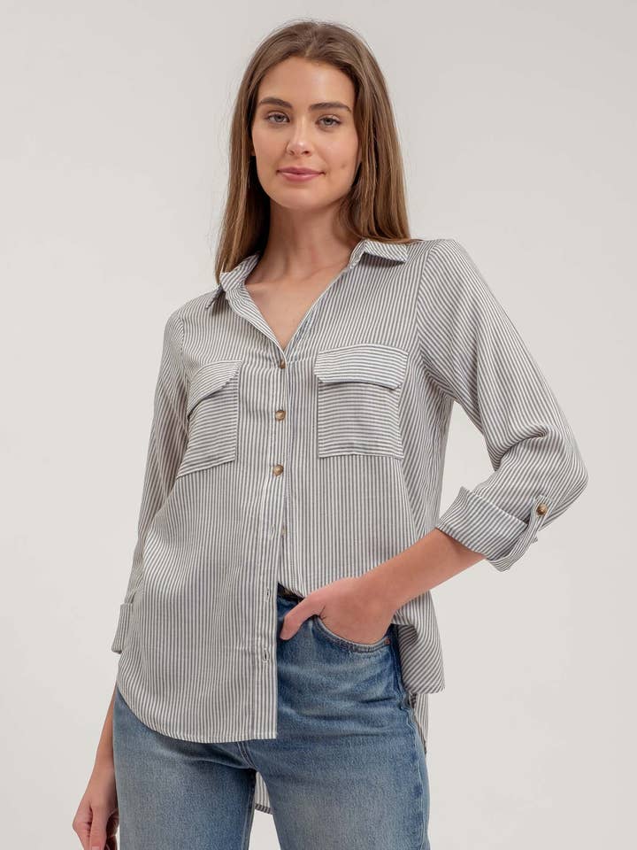 Blu Pepper - Wholesale Blouse - Women's - STRIPED COLLARED BUTTON DOWN WITH POCKETS