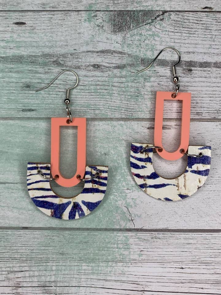 Coral and Blue Zebra Leather and Cork Dangle Earrings for wholesale by TeachCreateExplore