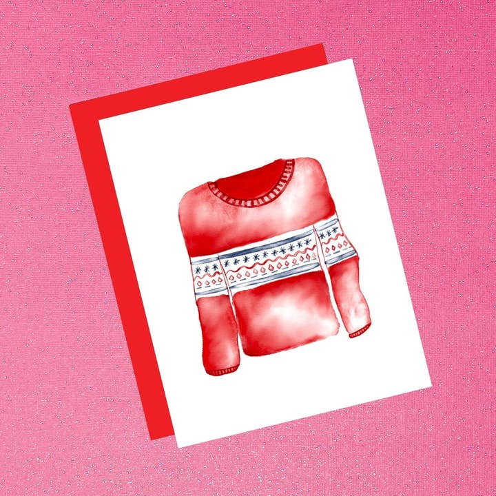 Carte de vœux d'hiver en forme de pull rouge à l'aquarelle pour la vente par Tiffany Ascensio Designs | Watercolor Greeting Cards