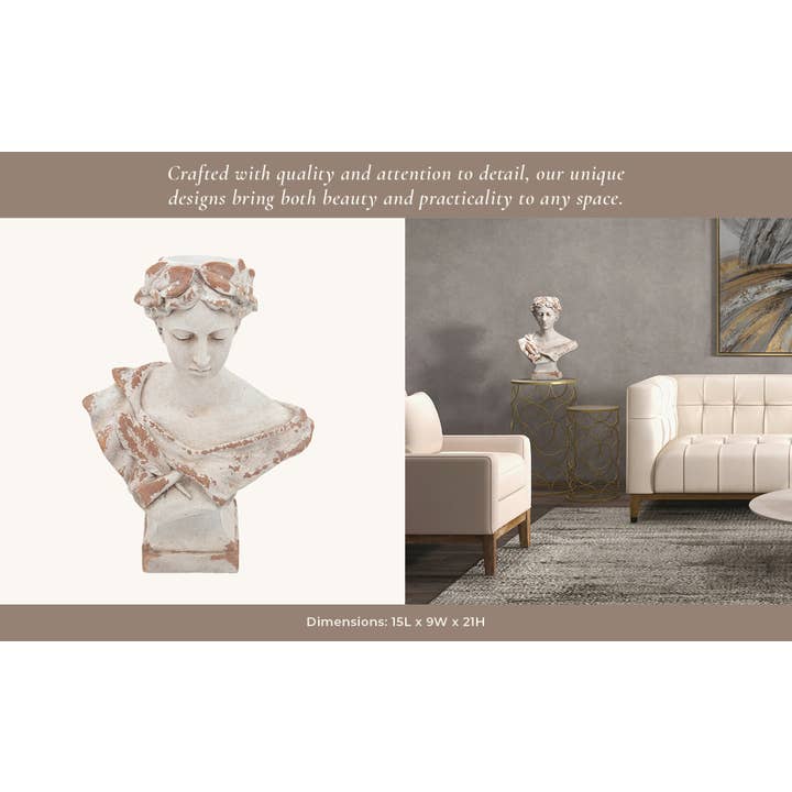 Sagebrook Home - Wholesale Sculpture - Resin Lady with Laurels Statue Woman Bust - White, 21 in.8