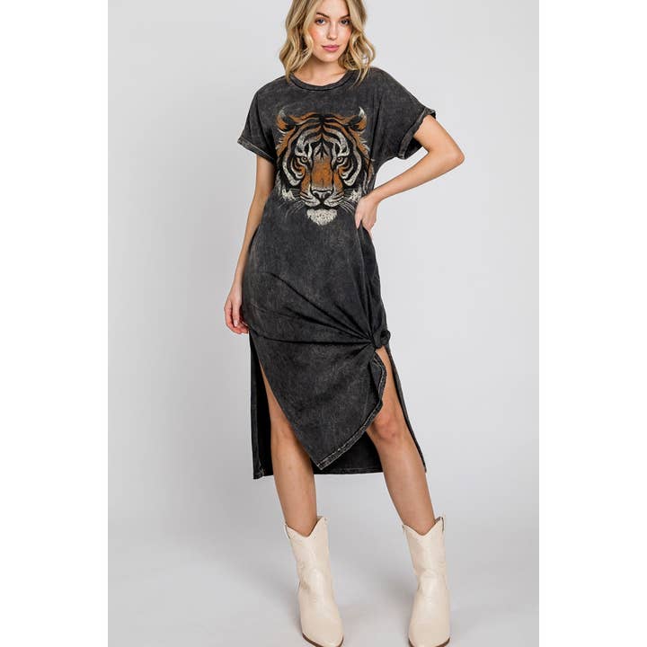 HRTandLUV – Großhandel Kleid – Damen – TIGER-KLEID MIT MINERALMUSTER UND GROSSEM GESICHT