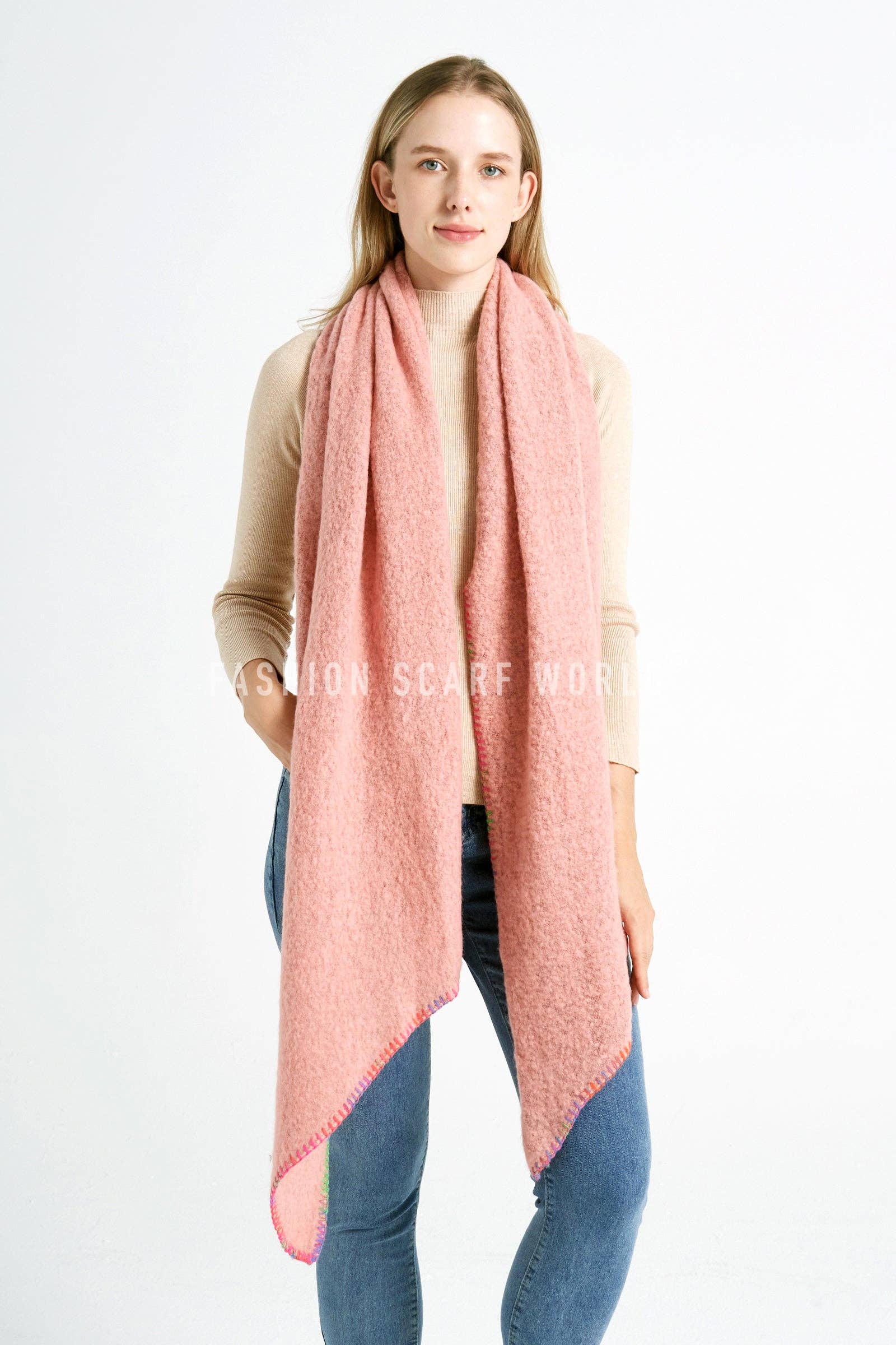 Fashion Scarf World - Wholesale Scarf - Women's - Plain Contrast Stitch Wool Diagonal Edge Scarf14